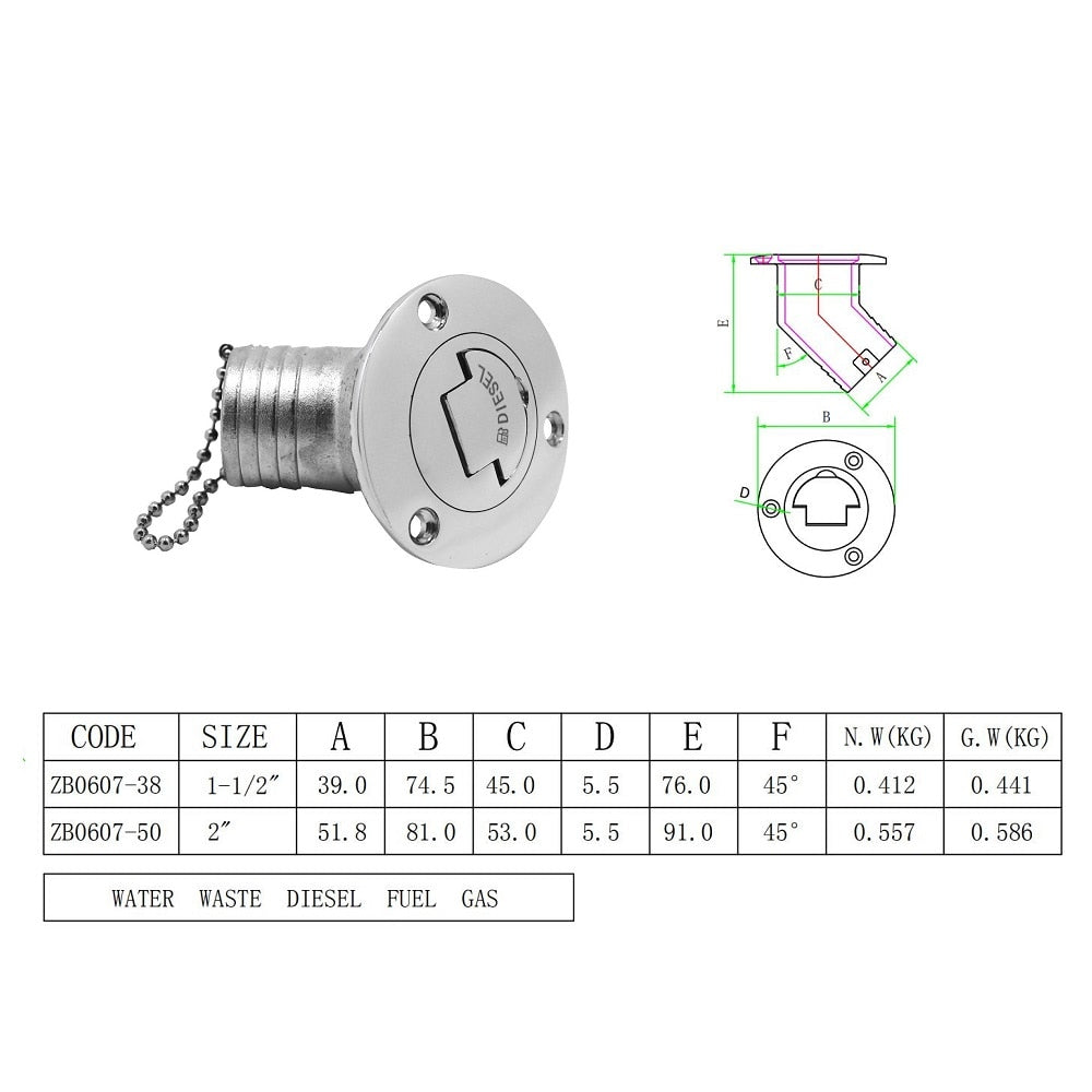 45 Degree Fuel Deck Filler Cap Stainless Steel 316 GAS DIESEL FUEL WASTE WATER 38mm 50mm Marine Boat Yacht Accessories Parts